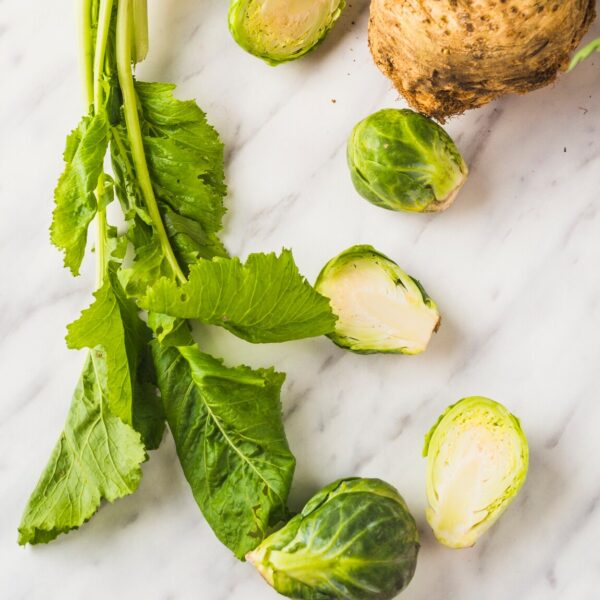 elevated view celery brussels sprouts turnip florence fennel marble background 23 2147956487