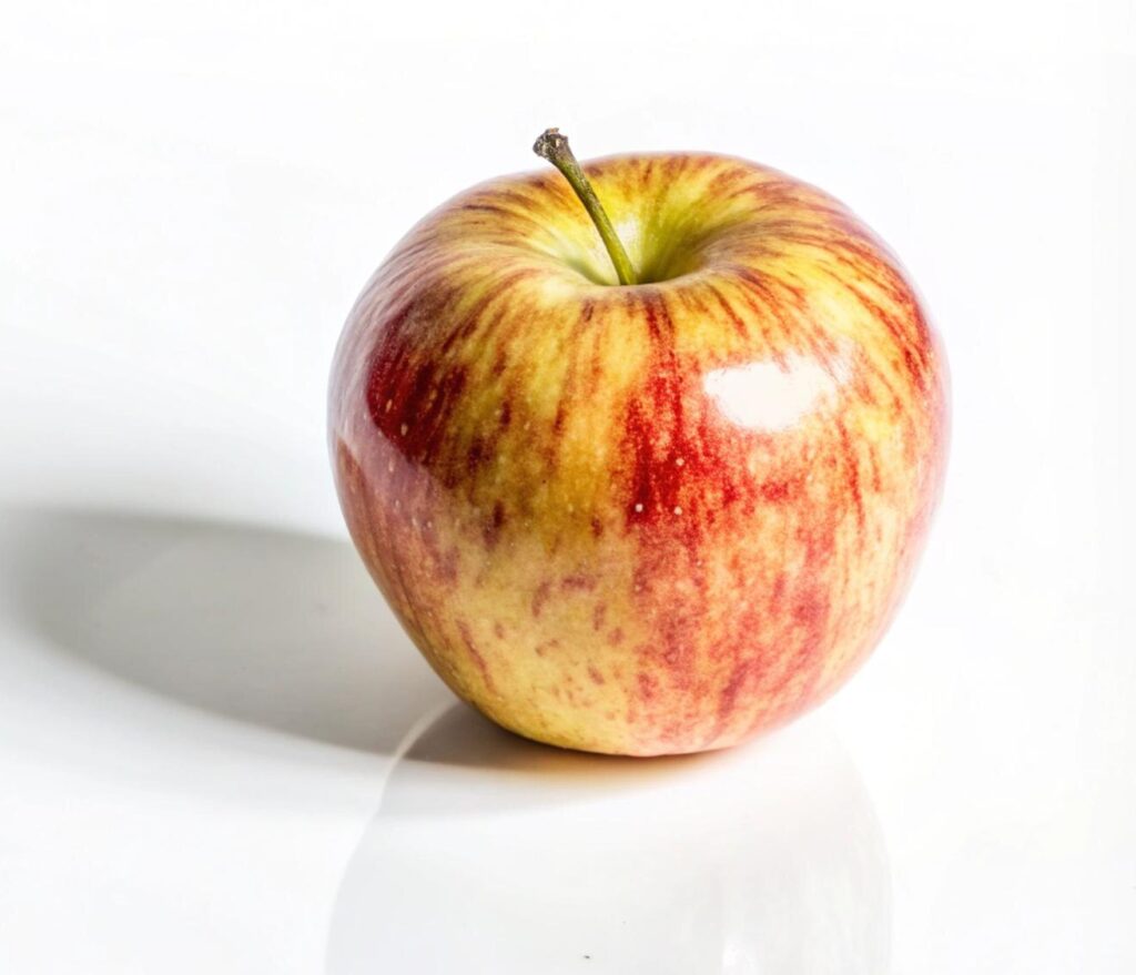 single red yellow apple with stem white background 9975 124412
